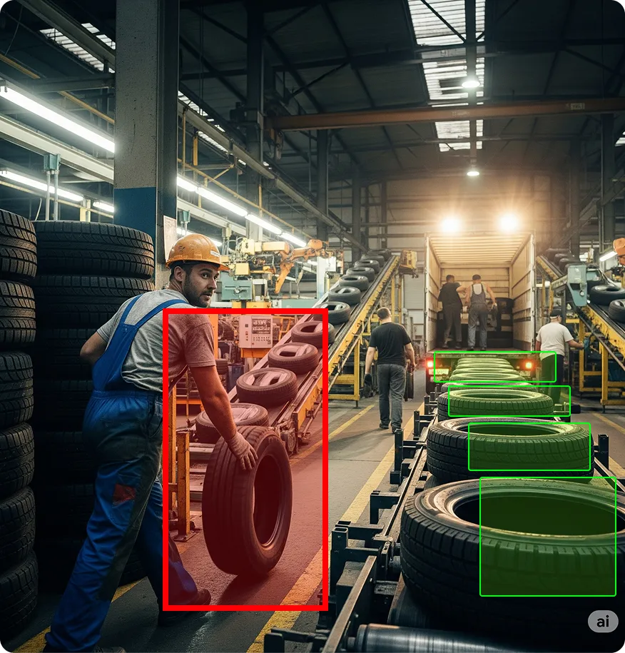 Factory floor with tyre counting using AI overlay